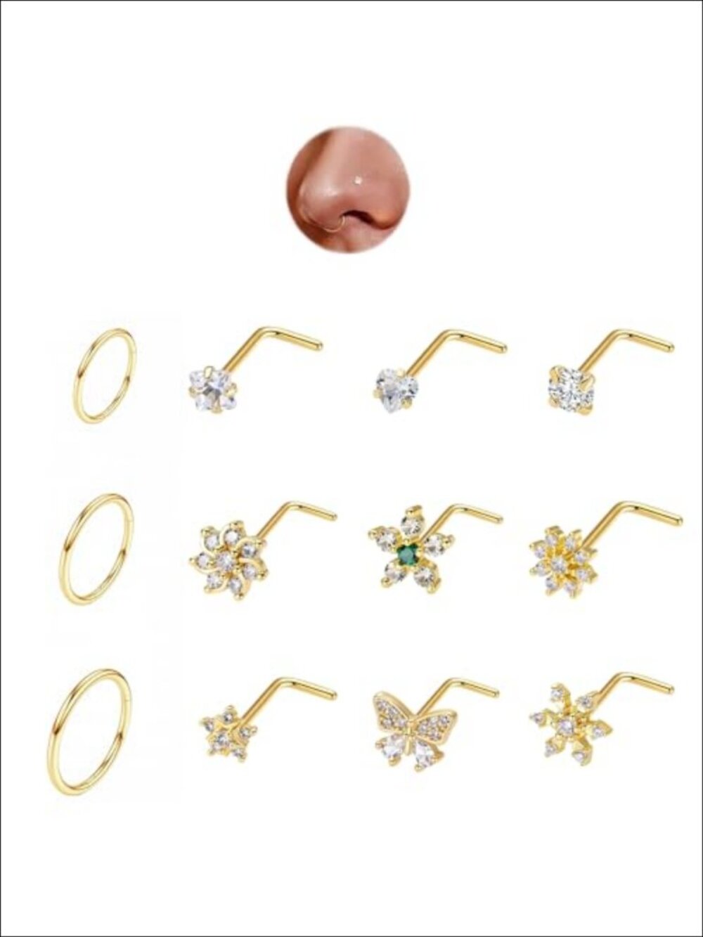 12 Pc Nose Rings Studs Set 16G 20G Surgical Steel Hypoallergenic